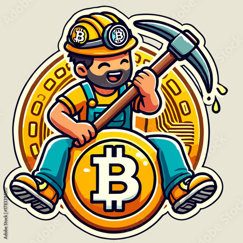 Guy Mines Bitcoin Logo Sticker Style on White Background – Cryptocurrency Miner Icon, BTC Mining Emblem, Digital Currency Vector Art for Crypto Enthusiasts and Blockchain Fans