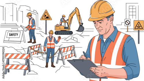 Construction site safety illustration with workers, protective gear, safety signs, teamwork, inspection, blueprint planning, excavator operation, and workplace hazard prevention