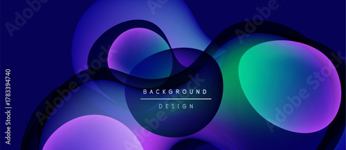 Abstract fluid shapes overlap, creating vibrant purple, blue, teal gradients. Dark background emphasizes colorful design elements. Modern aesthetic.