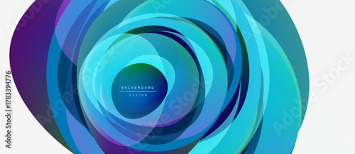 Abstract layers create dynamic circular pattern. Blue, purple hues dominate design. Modern aesthetic, vibrant colors.