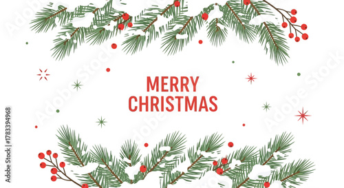 Festive merry christmas greeting with snow covered pine branches and red berries on a white background