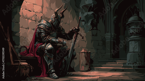Fantasy Knight in Dungeon. Vector Game Illustration Idea, Dark Gothic Fantasy 