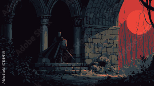 Fantasy Knight in Dungeon. Vector Game Illustration Idea, Dark Gothic Fantasy 