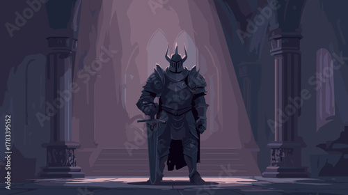 Fantasy Knight in Dungeon. Vector Game Illustration Idea, Dark Gothic Fantasy 