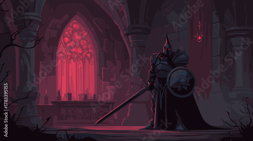 Fantasy Knight in Dungeon. Vector Game Illustration Idea, Dark Gothic Fantasy 