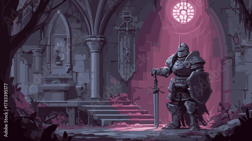 Fantasy Knight in Dungeon. Vector Game Illustration Idea, Dark Gothic Fantasy 