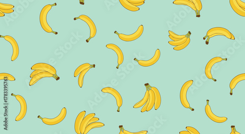 Cartoon illustration of ripe yellow bananas scattered randomly across a pale turquoise background, creating a fun fruit design.
