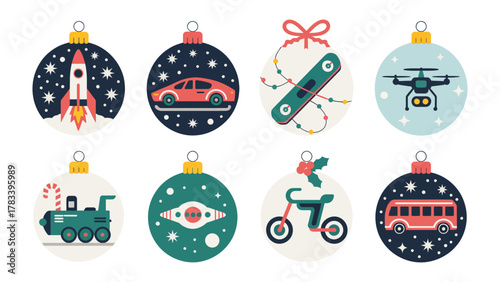 Holiday Ornament Collection: This image captures a delightful set of holiday ornaments, each adorned with a unique festive design. Featuring a rocket, car, snowboard, drone, train.