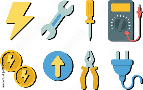 3D illustration of electrical tools and repair equipment icons including plug, screwdriver, pliers, wrench, multimeter, and energy symbols
