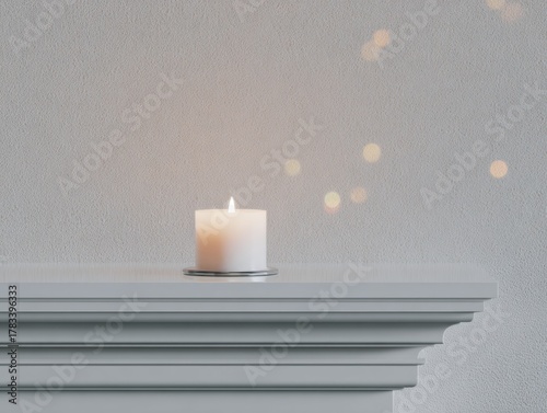 Ultra realistic close up of smooth plaster mantel with candle and soft light effects