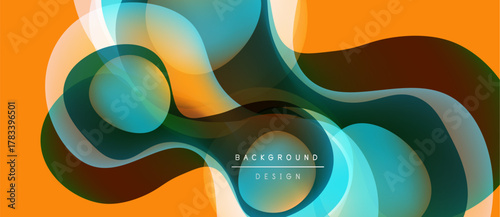 Abstract fluid shapes overlap, creating vibrant orange, teal gradients. Modern design evokes motion, energy, visual interest.