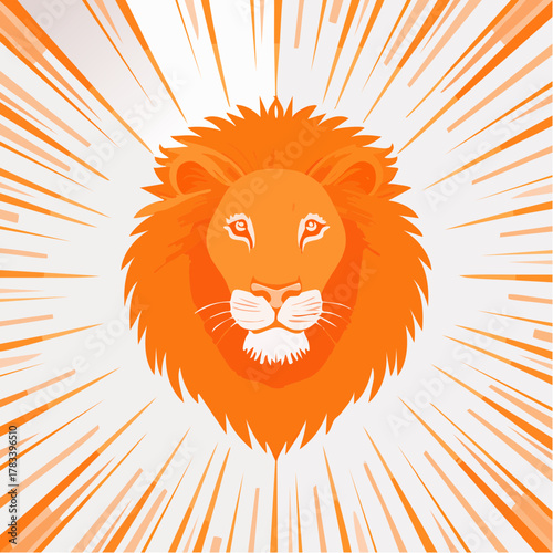 Orange lion head illustration with radial burst background