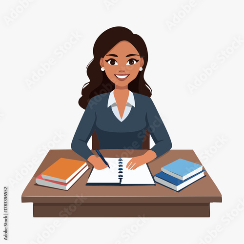 Professional woman writing at desk with books vector illustration isolated