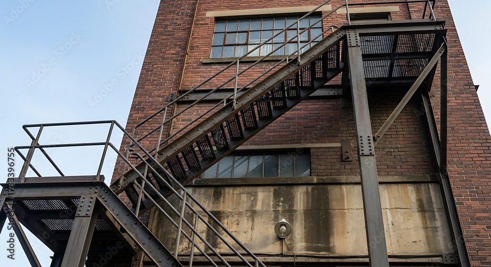 Fototapeta premium Exterior view of a brick building with a metal fire escape.