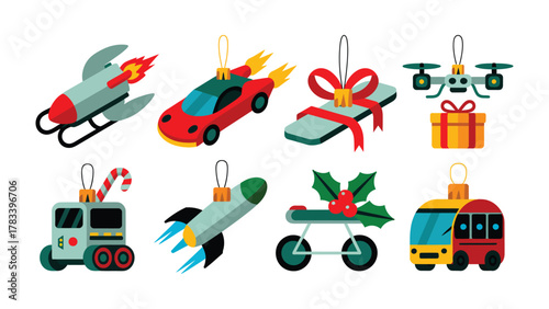 Festive Ornament Collection: Delightful assortment of holiday ornaments, depicting whimsical vehicles and gifts. 