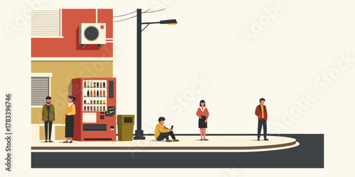 A modern vector illustration depicting diverse people waiting and social distancing on an urban city street corner sidewalk