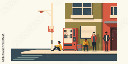 Urban Scene People Waiting at Bus Stop with Vending Machine - Modern Illustration