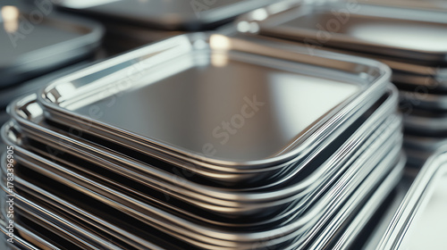 Stack of polished metal trays. Close-up view of shiny trays piled neatly. Reflective surface. Minimalist composition. Kitchenware or catering equipment concept.