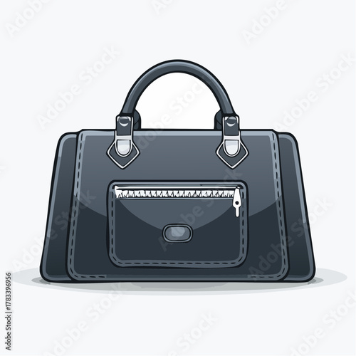 Stylish black handbag illustration with zipper and handle on white background