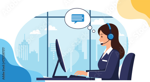 Friendly female call center agent in a headset works at a computer in a modern office, thinking about providing online chat support.