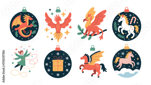 Festive Ornaments with Mythical Theme: A collection of exquisitely designed ornaments, each depicting a unique mythical creature.