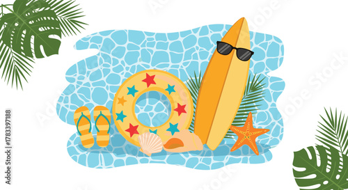 A vibrant collection of summer beach essentials including a surfboard, inflatable ring, flip-flops, and seashells on a blue water background, framed by tropical leaves.