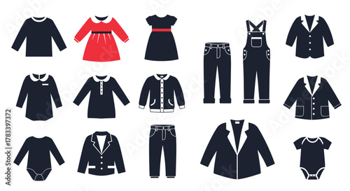 A comprehensive collection of flat vector icons representing various children's and baby clothing items, suitable for fashion or retail design.