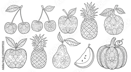 Intricate line art illustration featuring a variety of fruits like cherries, pineapples, apples, and a pumpkin, filled with decorative patterns.