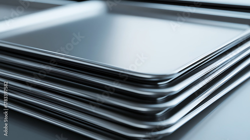 Shiny metal trays stacked neatly, creating a visually appealing pattern with smooth, rounded edges. The cool tones and clean lines evoke a sense of modern minimalism.