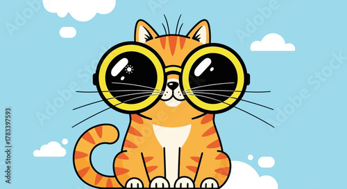 Charming orange striped cartoon cat sitting wearing oversized yellowrimmed black glasses with bright reflections.