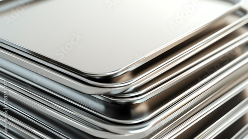 A close-up shows stacked metal trays, highlighting their smooth surfaces and curved edges. The sleek, minimalist design emphasizes the material's reflective quality.