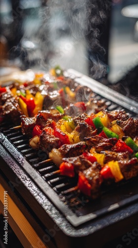 smoky grilled skewers with colorful vegetables, BBQ food photography