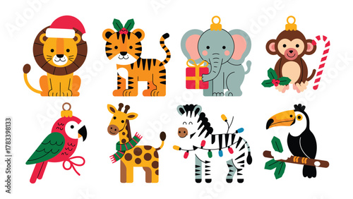 Holiday animal ornaments: A collection of charming cartoon animal ornaments ready for the festive season, each adorned with seasonal decorations.