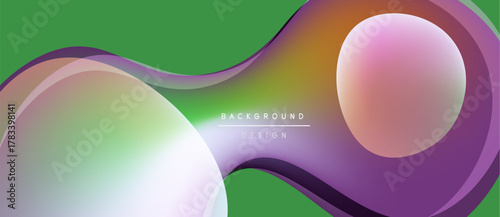Abstract fluid shapes overlap, creating vibrant color gradients. Green backdrop complements purple, orange hues. Modern design element.