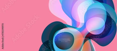 Abstract fluid shapes overlap, creating vibrant color gradients. Pink background complements blue, purple hues. Modern design element.