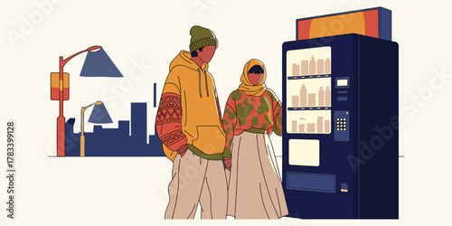 Stylish Couple at Vending Machine with Cityscape Backdrop