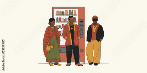 Illustration of diverse young people in contemporary fashion blending cultural heritage with modern city life by a vending machine