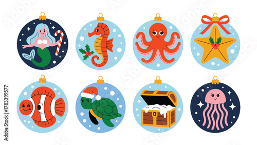 Ocean Christmas Ornament Collection: Adorn your holiday with this delightful assortment of vibrant ocean-themed ornaments, each capturing the essence of the sea's enchanting inhabitants.