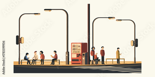 A vibrant flat design illustration capturing the essence of urban daily life, depicting diverse people waiting at a bus stop or subway platform