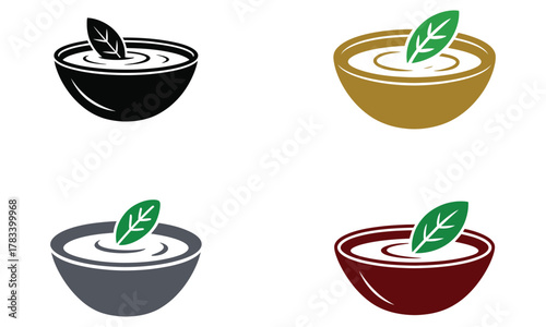 Colorful bowl icon set with green leaf and liquid design on white background  
