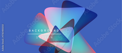 Abstract geometric shapes overlap, creating vibrant color gradients. Blue background enhances visual depth, modern design aesthetic.