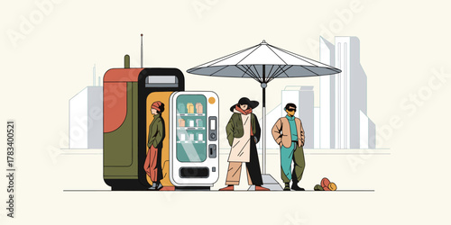Urban Scene Depicting People at a Vending Machine Under a Large Umbrella