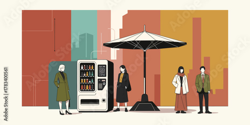 A contemporary vector illustration of diverse people taking a break in a modern cityscape, standing by a vending machine and a large parasol