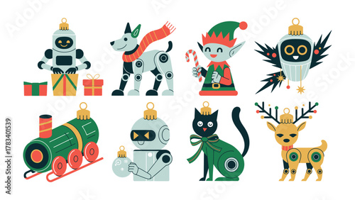 Festive Ornament Ensemble: A delightful collection of holiday ornaments, including charming robot, cheerful dog, whimsical elf, wise owl, toy train, sophisticated cat, and festive reindeer.