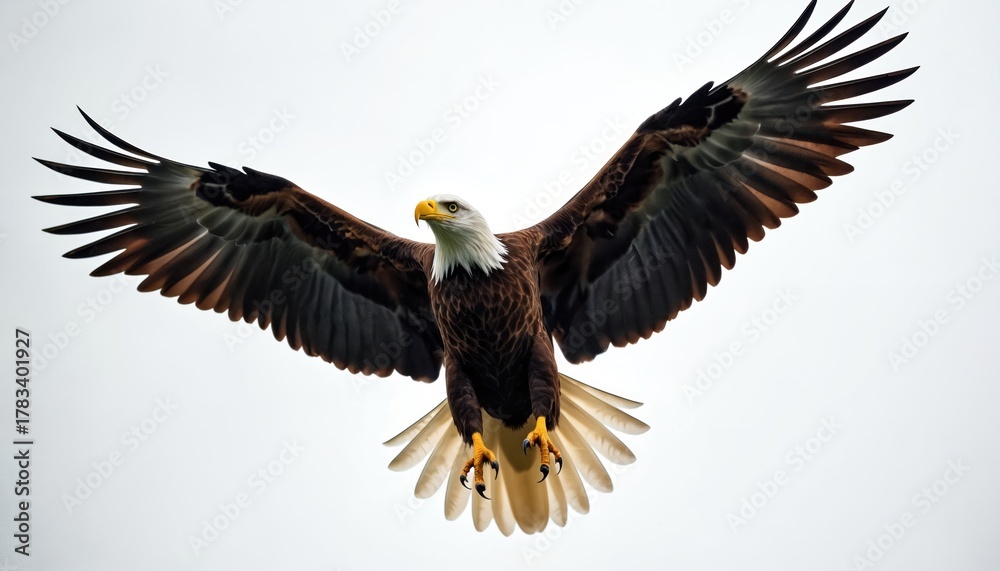 Obraz premium Majestic bald eagle soars high with spread wings. Bird flies with confidence in open sky. Nature scene presents power and freedom of wildlife predator in flight.