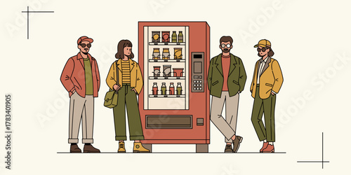 People Gather Around a Vending Machine for Snacks and Refreshments, Enjoying a Casual Moment