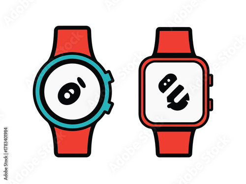 Two cartoon smartwatches with red straps round and square watch faces with funny icons