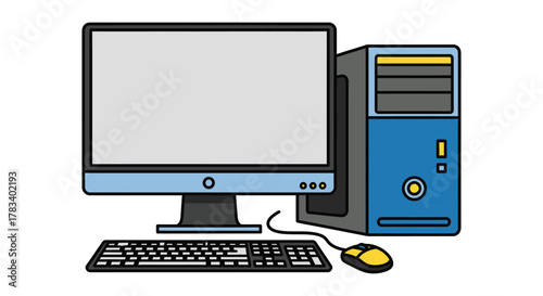 Desktop computer with monitor, keyboard and mouse, used for work and entertainment