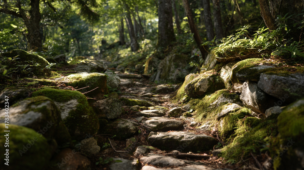 Fototapeta premium Mossy rocks line a forest path leading into the sunlit woods ahead scene
