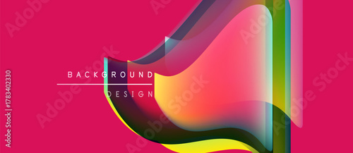 Abstract vibrant design. Overlapping colorful shapes create dynamic composition. Pink background emphasizes flowing forms, gradients. Modern aesthetic.